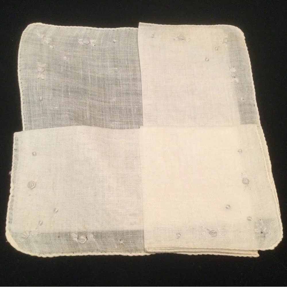 Vtg Antique White Cotton Linen Handkerchiefs Battenberg Lace French Knot Roses